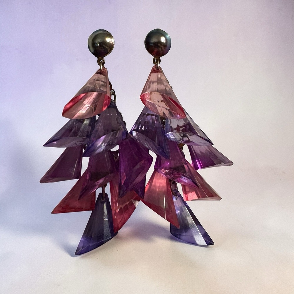 Pink Purple Statement Dangle Earrings Vintage Drop Cha Cha Chunky Translucent - Picture 1 of 15